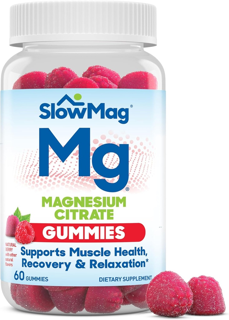 SlowMag Magnezyum Citrate Gummies - Supports Muscle Health, Recovery & Relaxation, Natural Berry Flavored, 60 Count