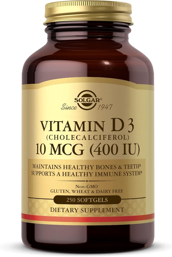 Solgar Vitamin D3 (Cloncalciferol) 10 mcg (400 IU) - 250 Softgels - Sağlıklı Kemikler ve Dişler - Immune System Support - Non-GMO, Gluten Free, Dairy Free - 250 Servisler