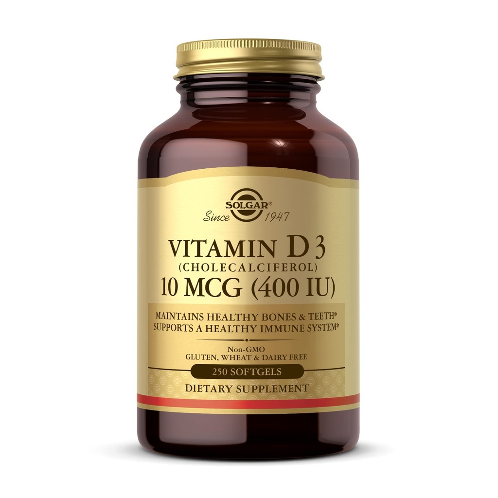 Solgar Vitamin D3 (Cloncalciferol) 10 mcg (400 IU) - 250 Softgels - Sağlıklı Kemikler ve Dişler - Immune System Support - Non-GMO, Gluten Free, Dairy Free - 250 Servisler