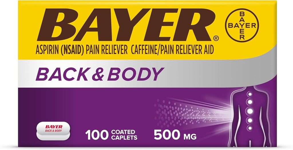 Bayer Back & Body Ekstra Güçlü aspirin, 500 mg Kaplamalar, Ağrı Sitesinde Hızlı Yardım, 32.5 mg Caffeine, 100 Count