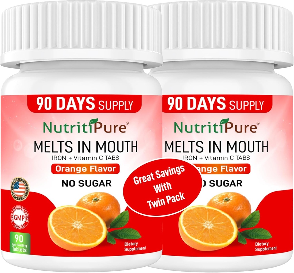 Kadınlar/Erkekler | Karbonil Demir 18 mg Vitamin C 30 mg | Orange Flavor 90 Count (2) Tabletle Tamamlanabilir