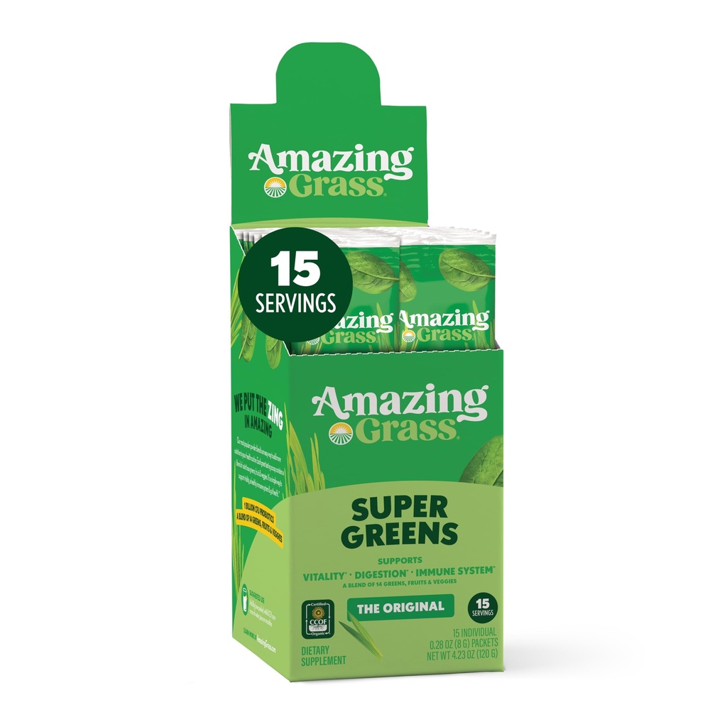 Amazing Grass Greens Blend Superfood: Super Greens Powder Smoothie Mix with Spirulina, Chlorella, Beet Root Powder, Digestive Enzymes, Prebiotics & Probiotics, Original, 15 Services (Packaging May Vary)