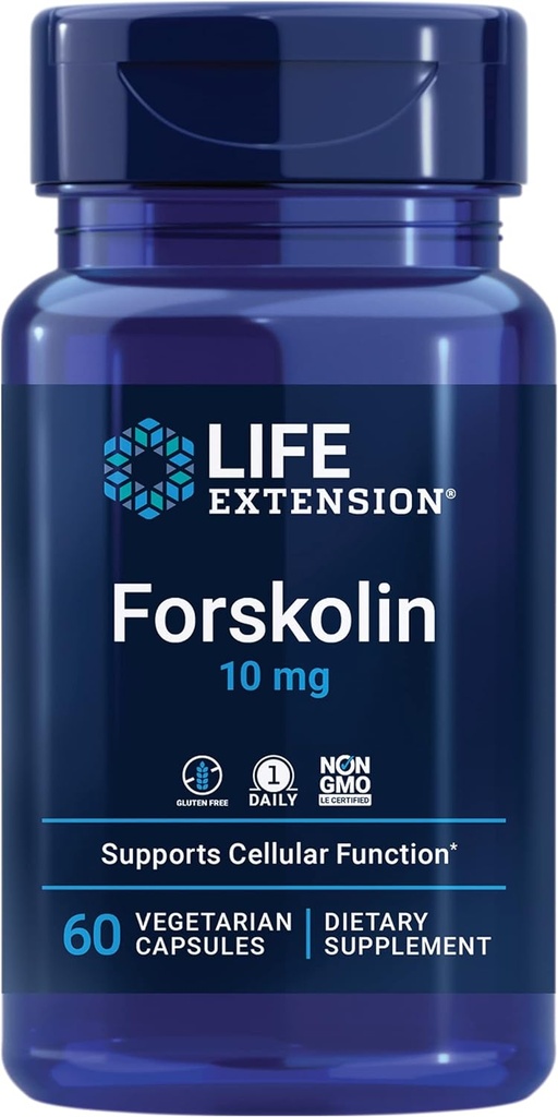 Life Extension Forskolin, Coleus forskohlii, Cellular Energy Health Support Supplement, 10 mg, standart alıntı, Non-GMO, Gluten-Free, Vegetarian, 60 Capsules, 1-2 Ay Supply