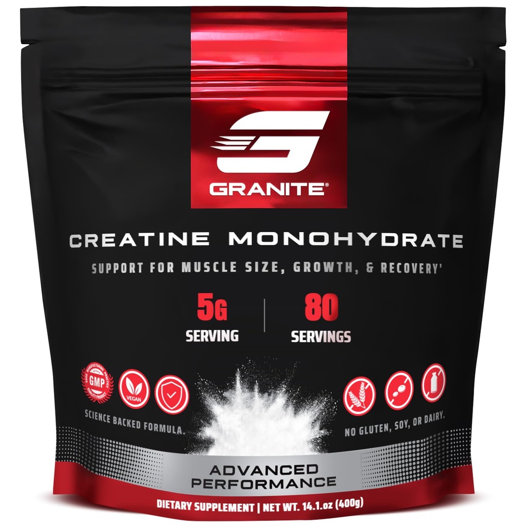 Granite Kreatin Monohidrat, Güçlü Destekler, Endurance, & Kas Recovery, Erkekler ve Kadınlar için Kreat, Soy Özgür, Süt Özgür, Gluten-Free (80 Hizmet)