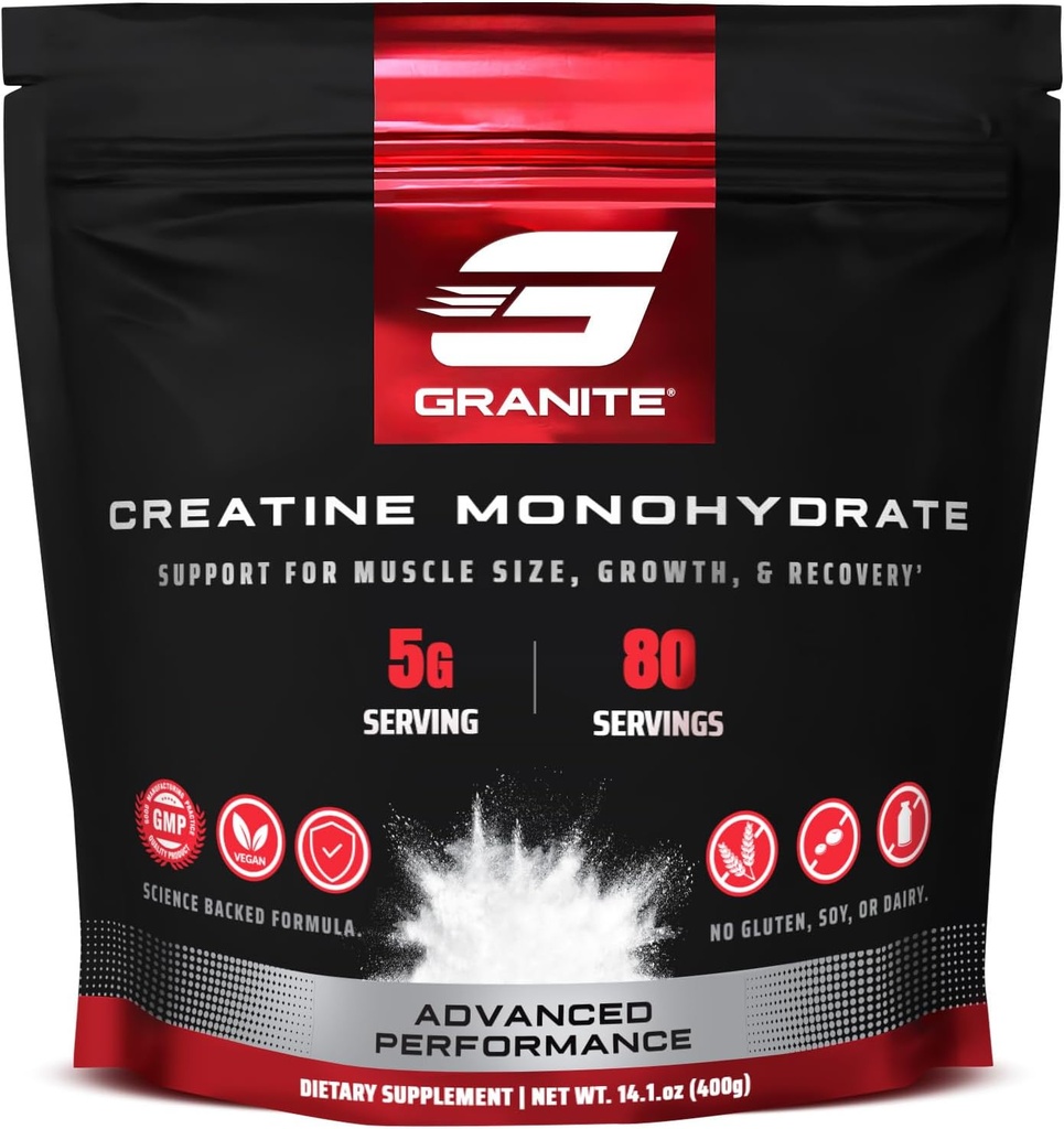 Granite Kreatin Monohidrat, Güçlü Destekler, Endurance, & Kas Recovery, Erkekler ve Kadınlar için Kreat, Soy Özgür, Süt Özgür, Gluten-Free (80 Hizmet)