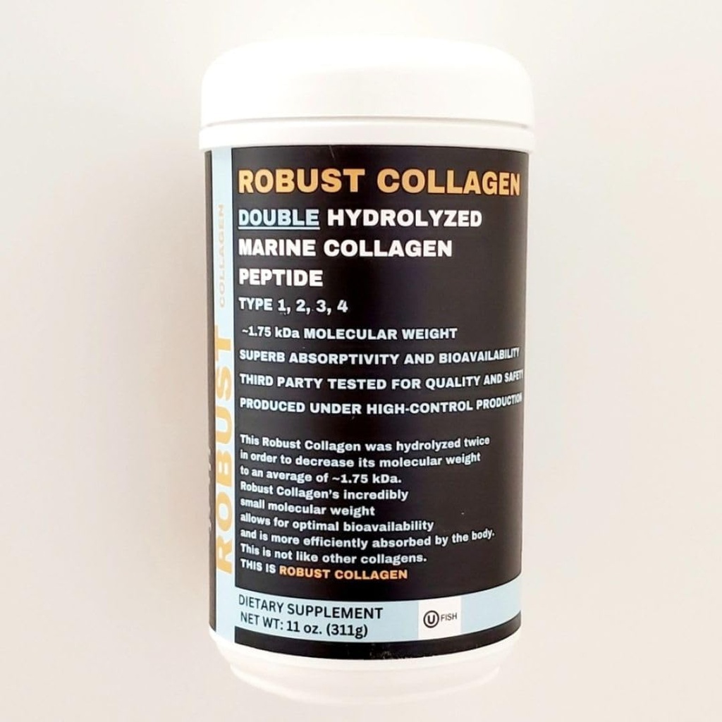 Robust Collagen Double Hydrolyzed Marine Collagen Peptide. Tip 1, 2, 3 & 4. Superb Bioavailability ve Abhidrasyon için Ekstra Düşük Moleküler Ağırlık. Kosher Sertifikalı (OU)