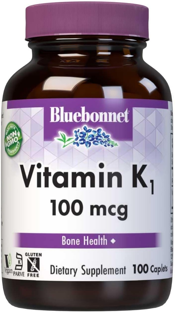 Bluebonnet Vitamin K1 100 mcg Bone Health - Phylloquinone Crystalline K Supplement - Non-GMO, Kosher sertifikalı, Gluten-Free, Dairy-Free - 100 Vegan Caplets