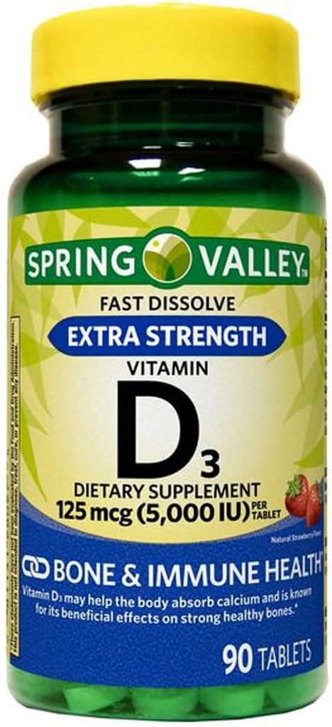 Ekstra Kuvvetli Vitamin D3 Hızlı Dissolve Tablet Diyetsel Tamam, 125 Mcg (5,000 IU), Strawberry Flavor, 90