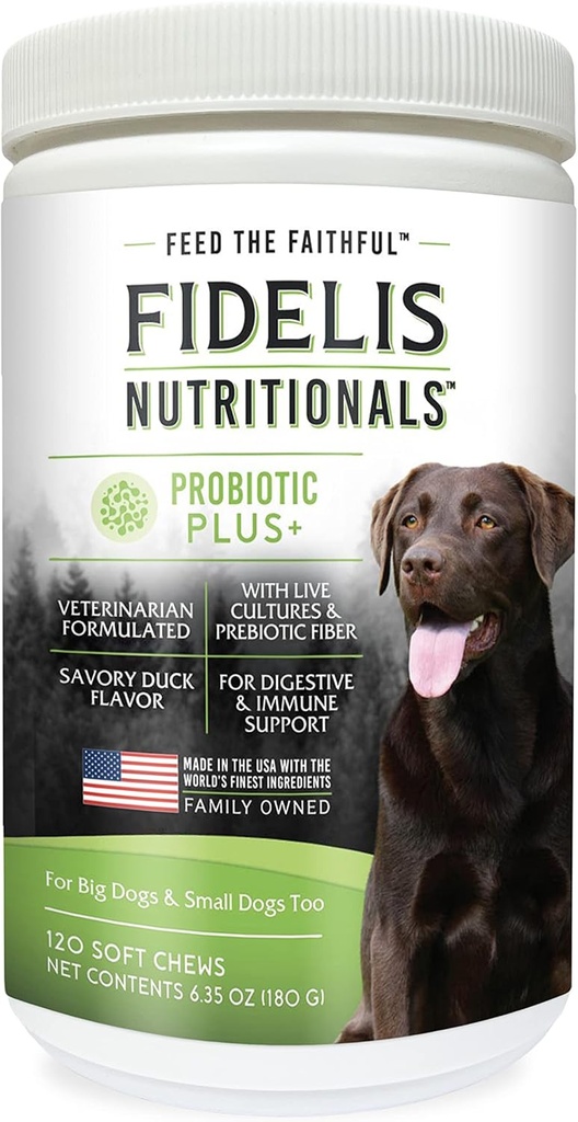 FIDELIS Probiyotik Plus+ Pet Probiyotiks for Dogs, Digestive Gut Health, Yeast, Itchy Skin/Ears, Paw Licking, Safe Dog Treat Supplement for Pets, Adult, Big & Small, Made in USA, Duckvor, 120 Chews