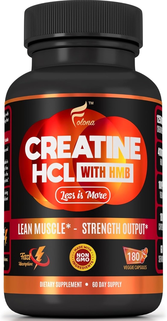 HMB ile Kretine HCL Capsules - Men & Women, Muscle Builder, Endurance, Strength, Superior to Monohidrat: Max Aborpsiyon için Anında, No Bloat, 180 Vegan Capsules