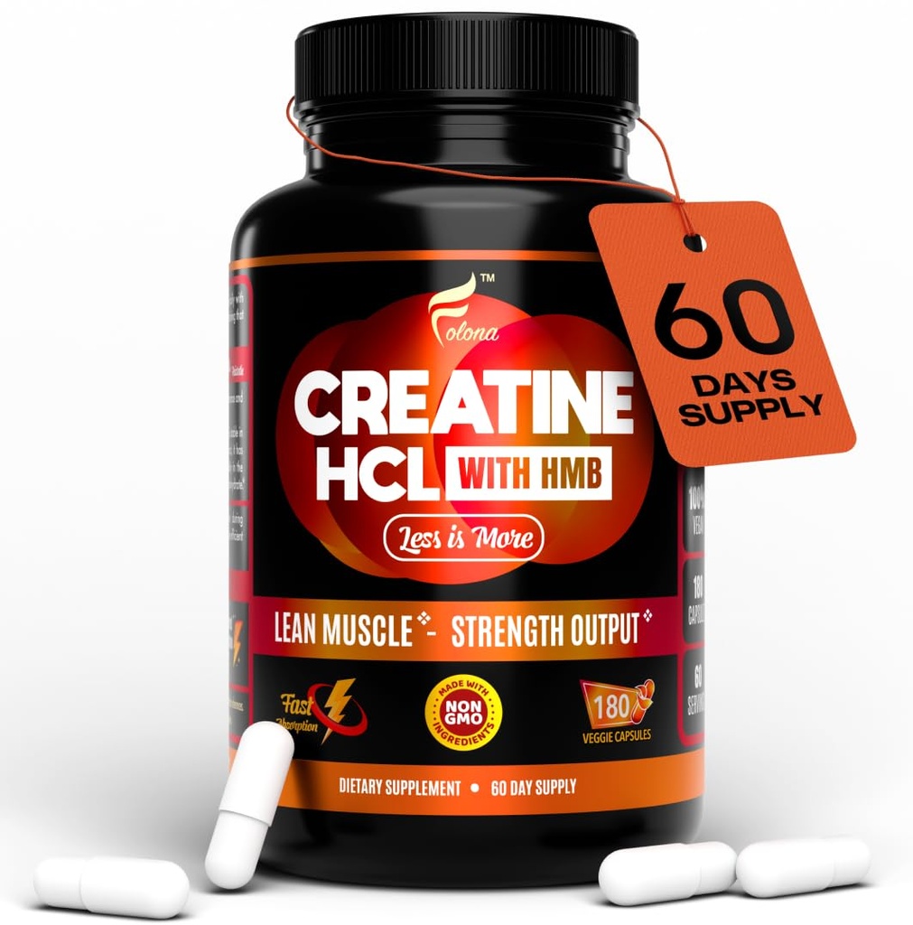 HMB ile Kretine HCL Capsules - Men & Women, Muscle Builder, Endurance, Strength, Superior to Monohidrat: Max Aborpsiyon için Anında, No Bloat, 180 Vegan Capsules