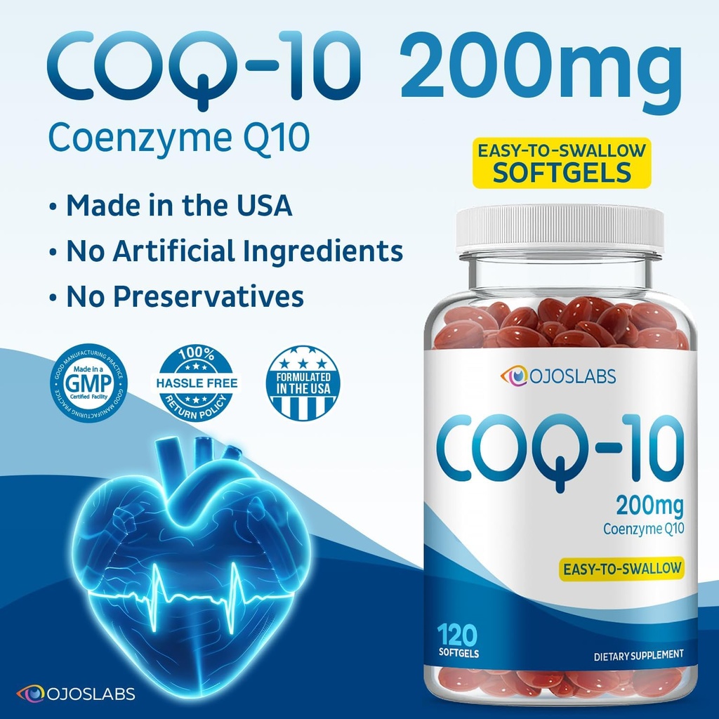 CoQ10 200mg - Coenzyme Q10 Dietary Supplement, Easy-to-Swallow 120 Softgels