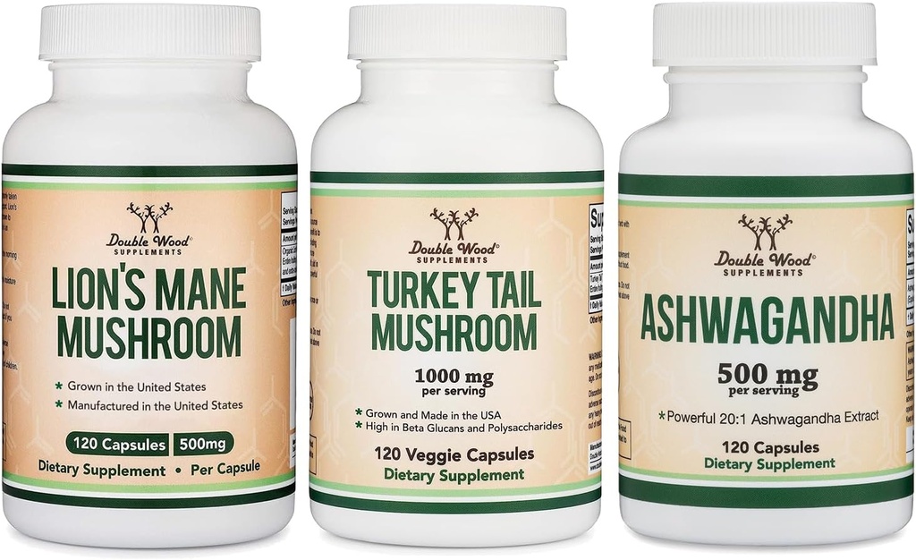 Çift Wood Supplements Lion's Mane Mushroom 120 Kont, Türkiye Tail 120 Count, Ashwagandha 120 Kont