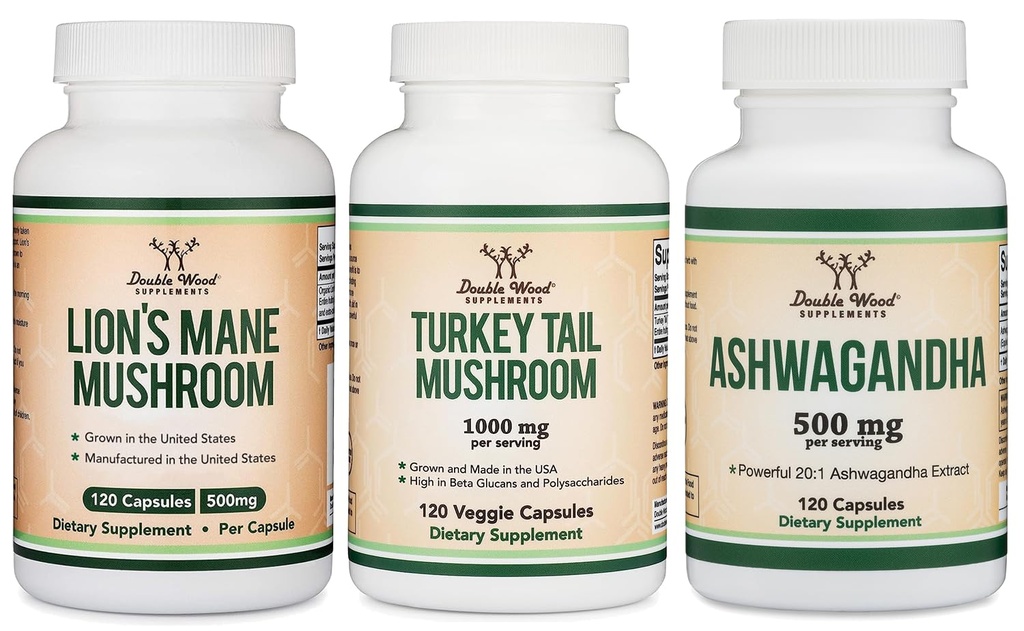 Διπλά συμπληρώματα ξύλου Lion's Mane Mushroom 120 Count, Turkey Tail 120 Count, Ashwagandha 120 Count