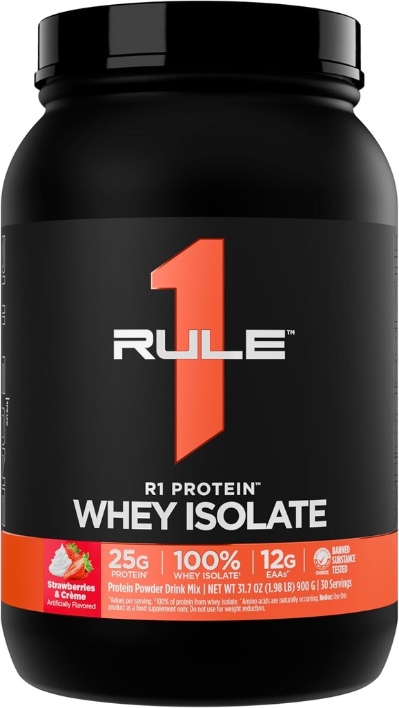Kural 1 R1 Protein Whey Isolate - 25g protein & 6g BCAA, Workout Recovery (2 Pounds*, Strawberries & Crème) için izolasyonlu ve Hydrolyzed Kaynaklardan özel olarak.