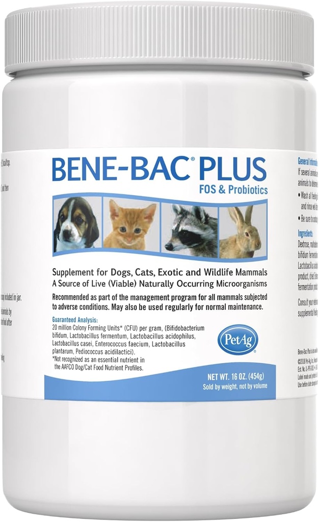 PetAg Bene-Bac Plus - 1 lb Toz - Köpekler için FOS & Probiyotikler, Kediler, Exotic & Yaban Hayatı Mammals