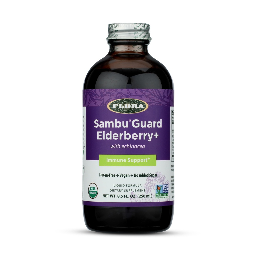 Flora Organic Black Elder Syrup + 8.5oz - Echinacea ile Immune ATM, Çocuklar ve Yetişkinler için, Nodrew Sugar, Gluten Free, Vegan, SambuGuard