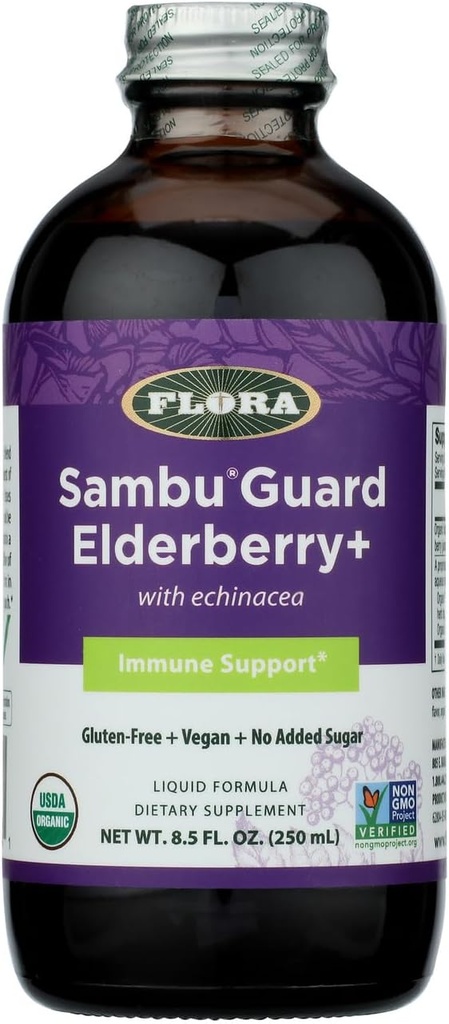 Flora Organic Black Elder Syrup + 8.5oz - Echinacea ile Immune ATM, Çocuklar ve Yetişkinler için, Nodrew Sugar, Gluten Free, Vegan, SambuGuard