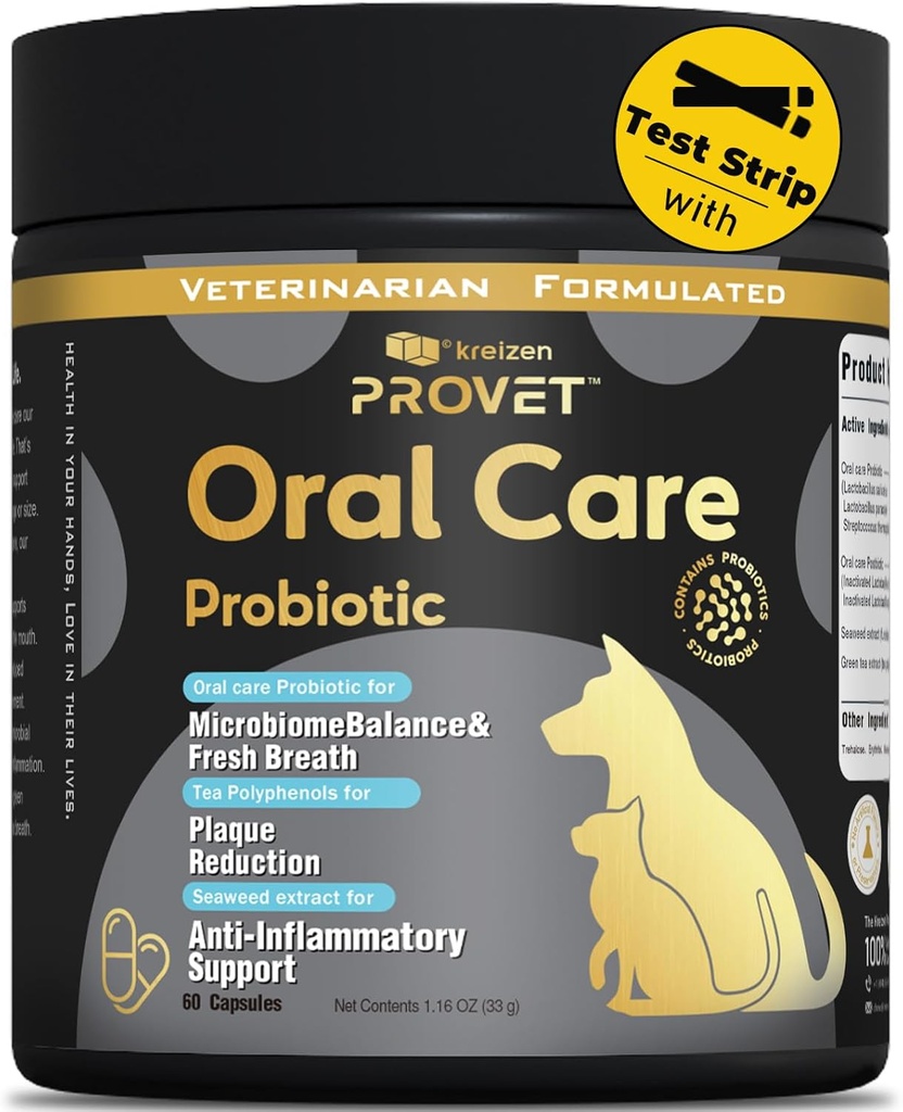 Köpekler için Oral Probiyotik - Probiyotiklerle Gelişmiş Diş Sağlığı Supplement, Seaweed Green Tea Extract - Supports Gum Health, Reduces Plaque & Bad Breath – 60 Capsules and 2 Termontal Test Strips