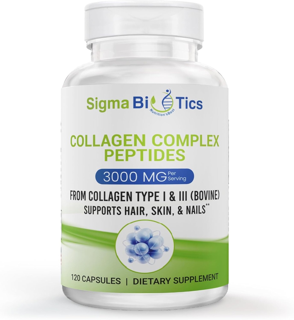 Sigma Biotics Collagen Peptides - Υδρολυμένες κάψουλες κολλαγόνου για τα μαλλιά, το δέρμα, τα νύχια και την κοινή υποστήριξη - High-strength Collagen Συμπληρώματα με Τύπου I & III - 3000 mg ανά υπηρεσία - 120 χάπια
