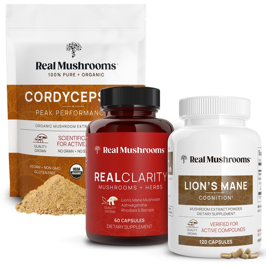 Gerçek Mushrooms RealClarity (60ct) & Lions Mane (120ct) Capsules w/Cordyceps Toz Sche - Mushroom Supplement for mental Clarity, Focus, Cognition, Energy & Vitality - Vegan, Non-GMO