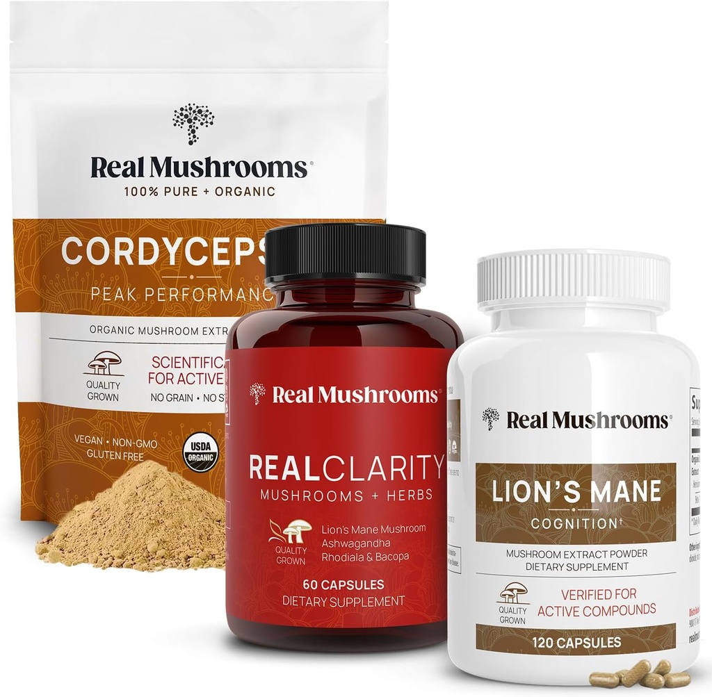 Gerçek Mushrooms RealClarity (60ct) & Lions Mane (120ct) Capsules w/Cordyceps Toz Sche - Mushroom Supplement for mental Clarity, Focus, Cognition, Energy & Vitality - Vegan, Non-GMO