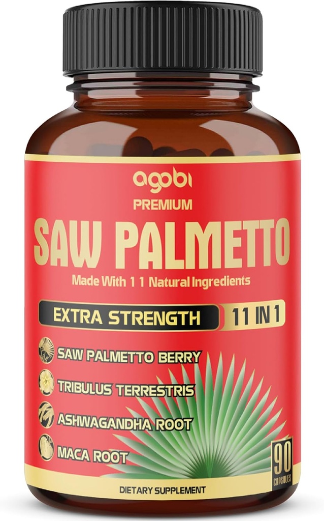 Premium Saw Palmetto Capsules - Ashwagandha, Turmeric, Tribulus, Maca, Green Tea, Ginger, Holy Basil & More - 90 Capsules 3-Month Supply
