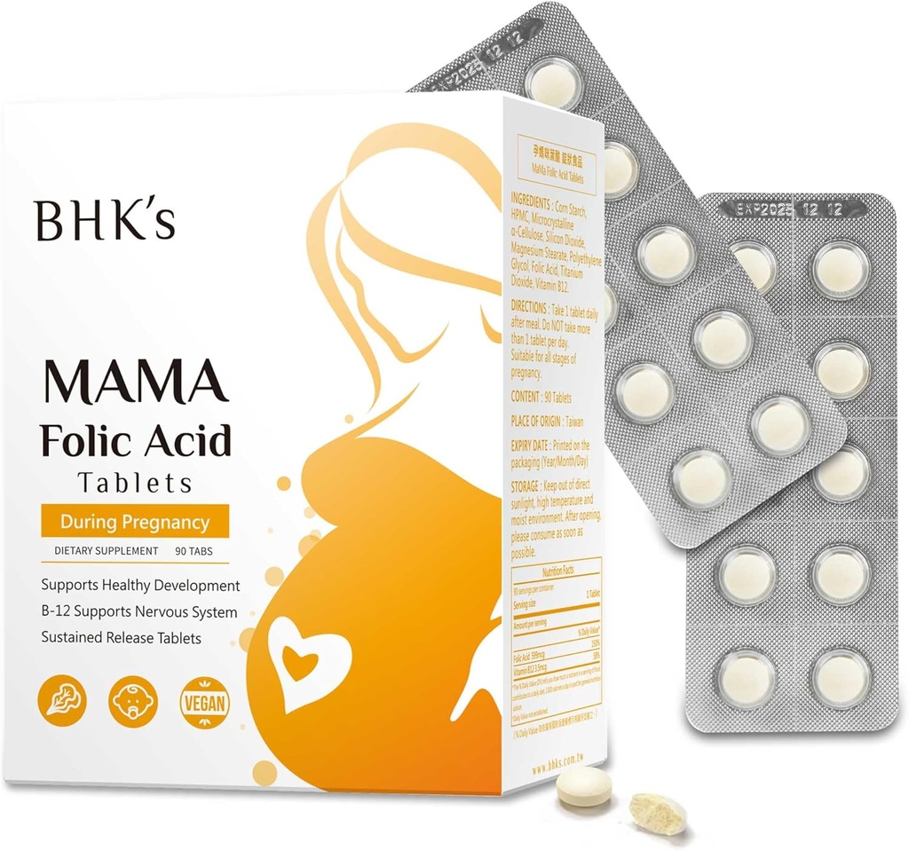 BHK's Folic Acid, After Gebelik'ten önce, Baby Nervous System Development, Essential Vitamins for Mom & Baby, 90 Tablets