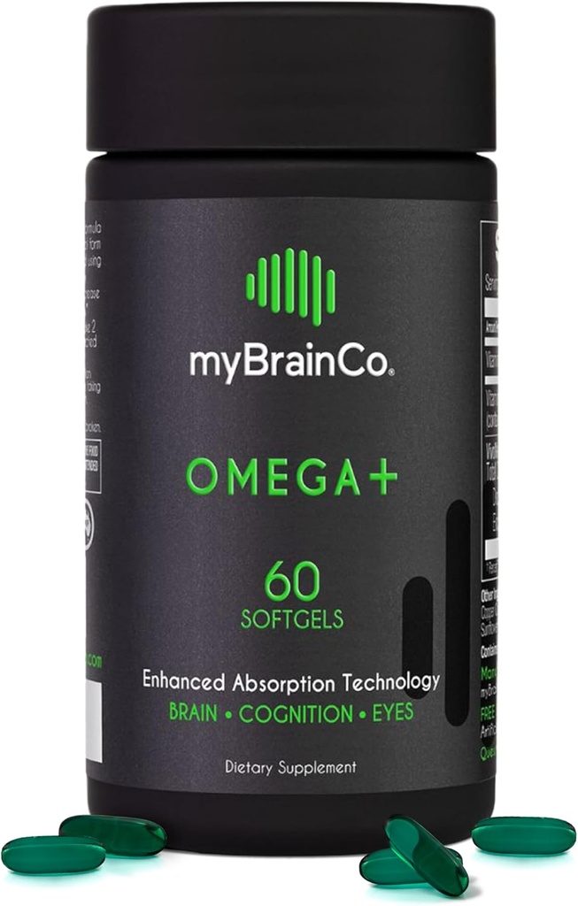 MyBrainCo - OMEGA+ - EPA DHA Omega 3 Supplement with Tocotrienols Vitamin E - Supports Brain Health, Cognitive Function, Mood Balance, Eye Health & Immunity - Brain Health Supplement (60 Softgels)