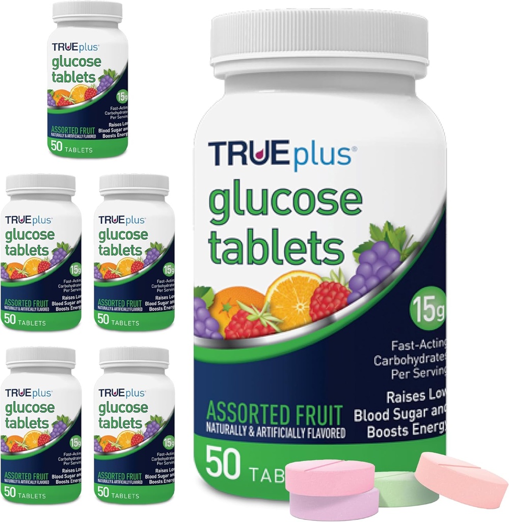TRUEplus® Glucose Tables, Ποικιλία Γεύσης (Γκραπ, Βατόμουρο, Πορτοκαλί) - 50ct Μπουκάλι - 6 Συσκευασία
