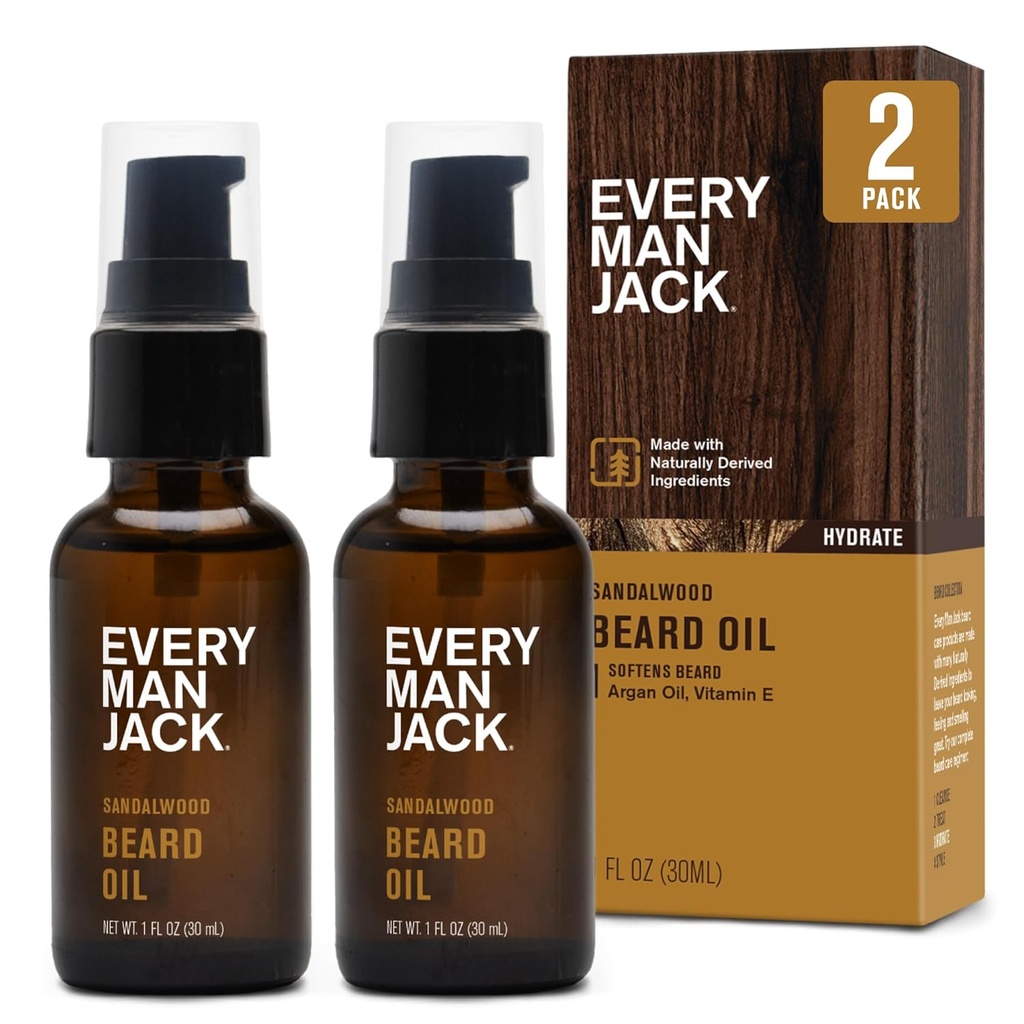 Every Man Jack Sandalwood Beard Oil - Moisturize & Soften Your Beard - Relieve Itch and Flakes - Κατασκευασμένες w/Φυσικά παράγωγα συστατικά όπως η βιταμίνη Ε, το πετρέλαιο Argan, και το λάδι Borage - 1 oz - 2 Pack