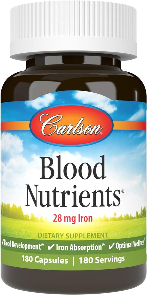 Carlson - Kan Nutrients, 28 mg Iron, Blood Development, Iron Abxia & Optimal Wellness, 180 Capsules
