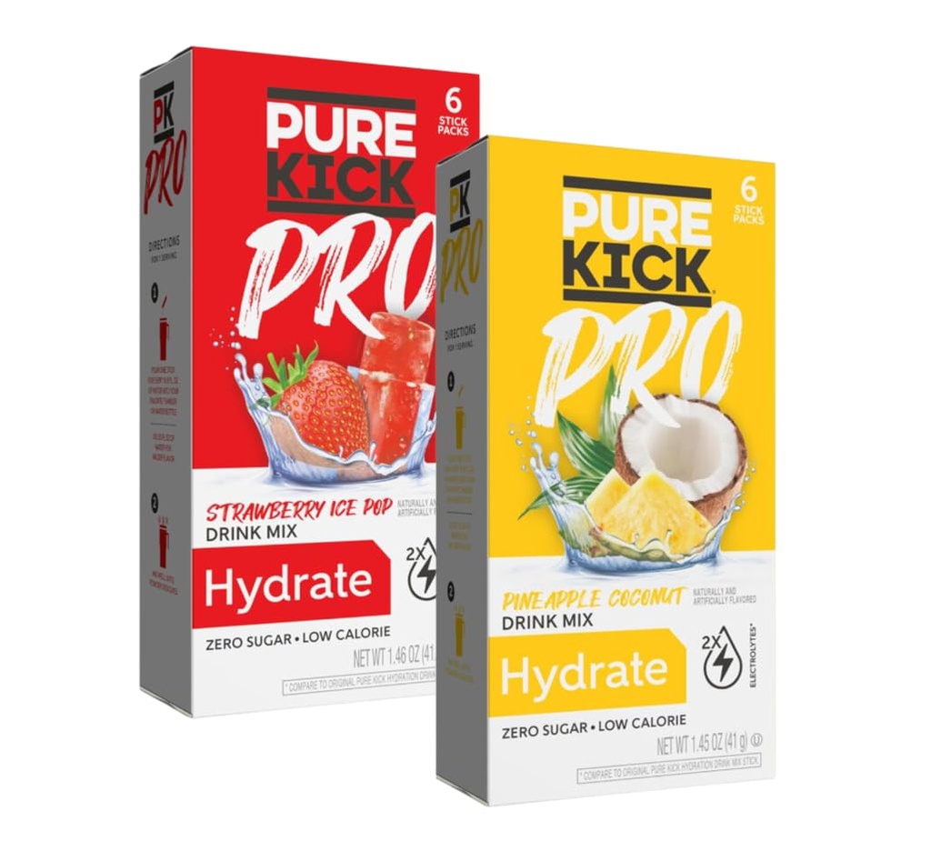 PURE KICK PRO Hydration Electrolyte Drink Mix, Pineapple Coconut & Strawberry Ice Pop, 12 Packets