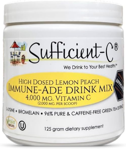 Sufficient-C High Dose Non-GMO Vitamin C Limon Peach Immune-Ade Drink Mix, 125 Gram Boyut w/L-lysine, Bromelain & a Premium% 96 Pure Green Tea Extract - Stomach Friendly, Adrenal Supportive