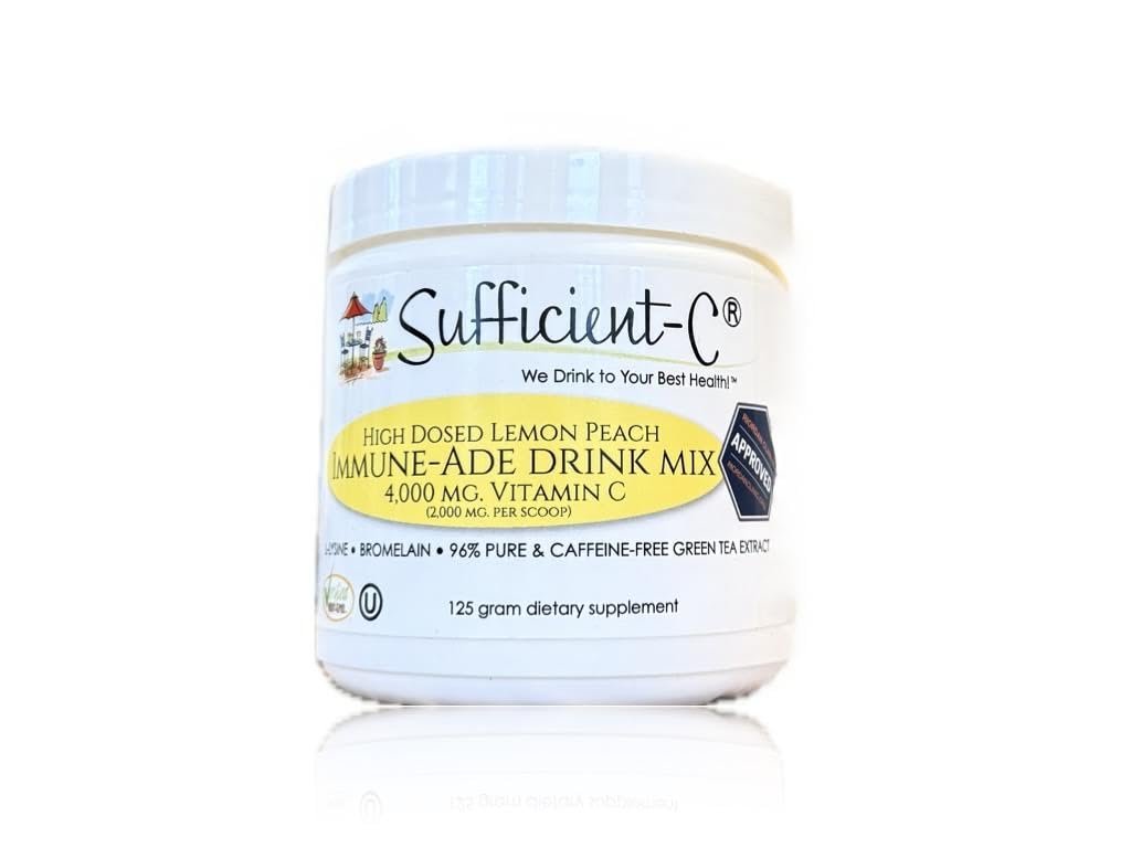Sufficient-C High Dose Non-GMO Vitamin C Limon Peach Immune-Ade Drink Mix, 125 Gram Boyut w/L-lysine, Bromelain & a Premium% 96 Pure Green Tea Extract - Stomach Friendly, Adrenal Supportive