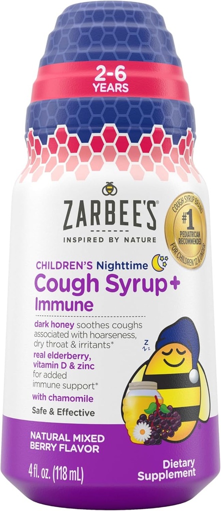 Zarbee's Children's Nighttime Honey Cough Syrup + Immune for Kids 2+, Cough Syrup with Soothing Dark Honey, Real Elderberry, Vitamin D & çinko, & Chamomile, Drug-Free, Karma Berry, 4 fl. oz