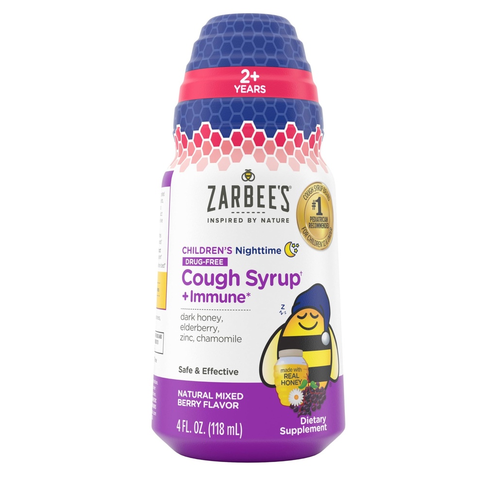 Zarbee's Children's Nighttime Honey Cough Syrup + Immune for Kids 2+, Cough Syrup with Soothing Dark Honey, Real Elderberry, Vitamin D & çinko, & Chamomile, Drug-Free, Karma Berry, 4 fl. oz