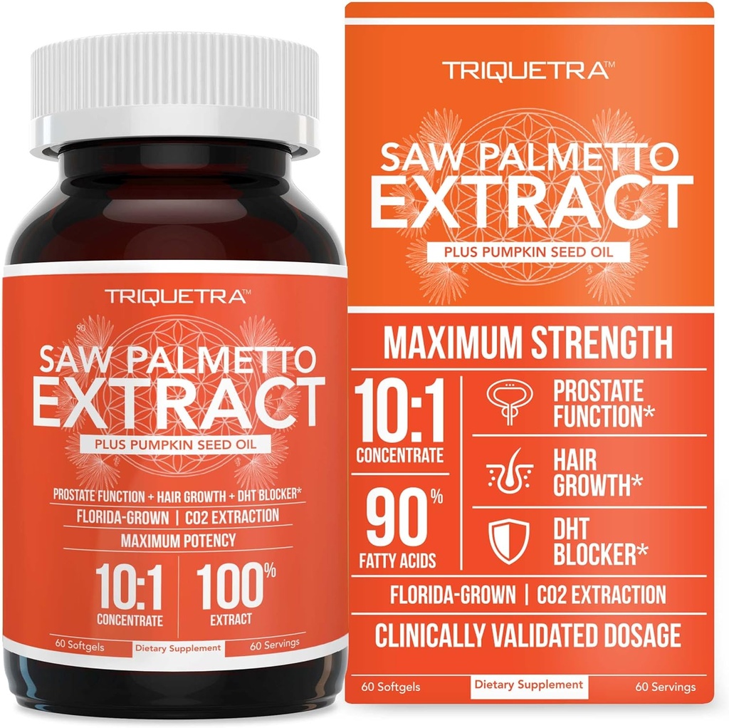 Saw Palmetto Extract - 10X Potency, Farm Grade Strength - Plus Riley Tohum Yağı - Destek Prostate Health, Relieves Urination Issues, Supports Hair Growth, Duo Blocker – 60 Softgels