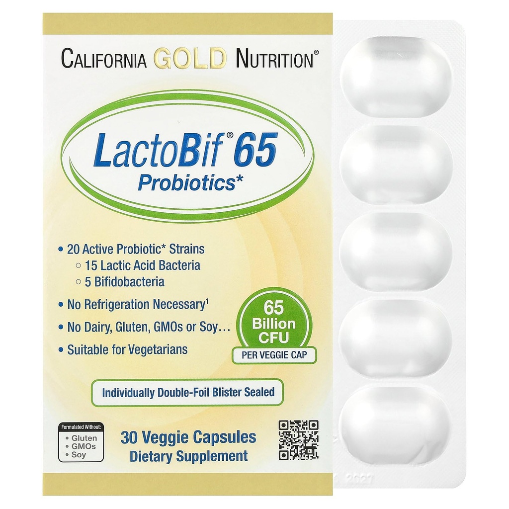 LactoBif Probiyotiks, 65 Bllion CFU, 20 Active & Klinik Araştırmalı Probiyotik Strains, Soy-Free, Sugar-Free, Vegetarian, Bireysel olarak Çift-foil Fırkaladı, 30 Veggie Capsules