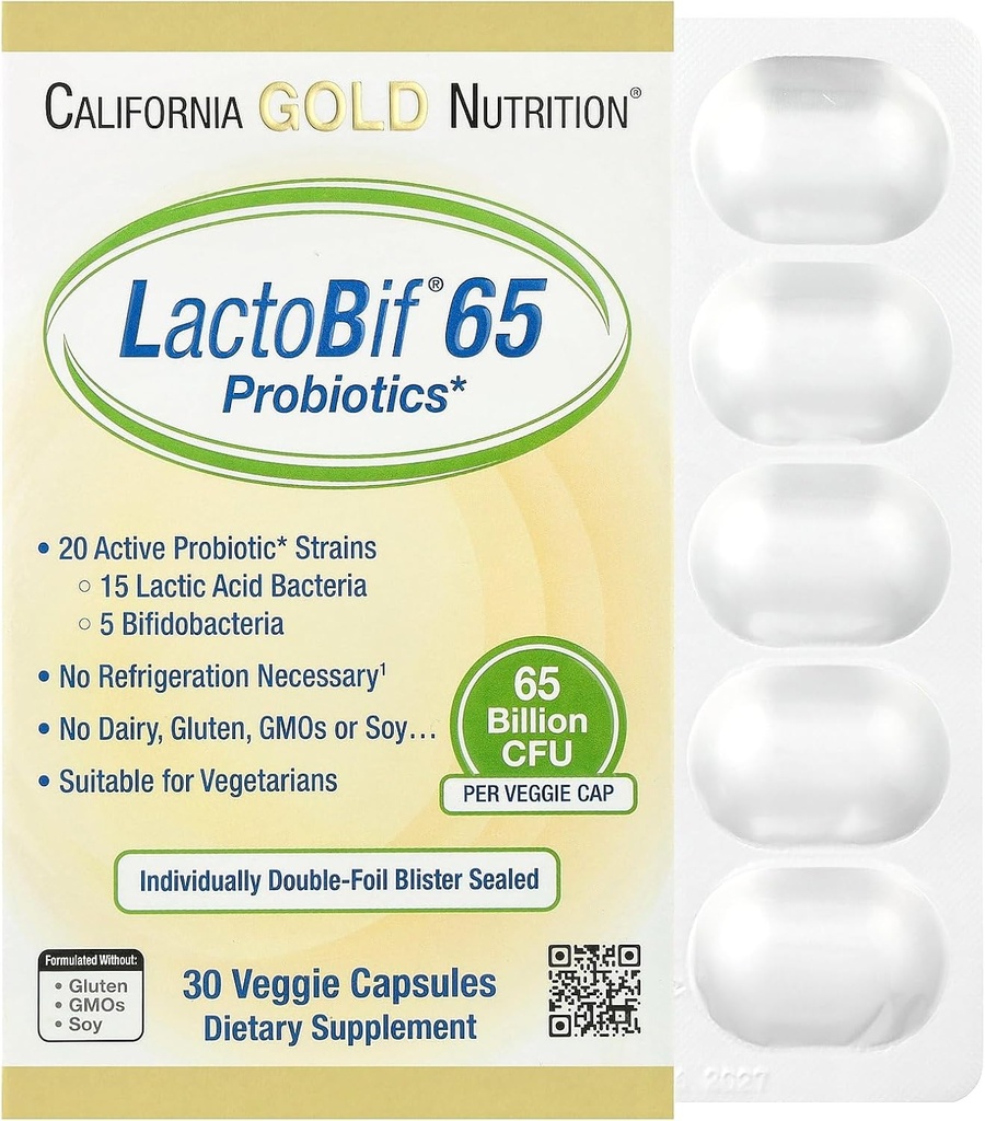 LactoBif Probiyotiks, 65 Bllion CFU, 20 Active & Klinik Araştırmalı Probiyotik Strains, Soy-Free, Sugar-Free, Vegetarian, Bireysel olarak Çift-foil Fırkaladı, 30 Veggie Capsules