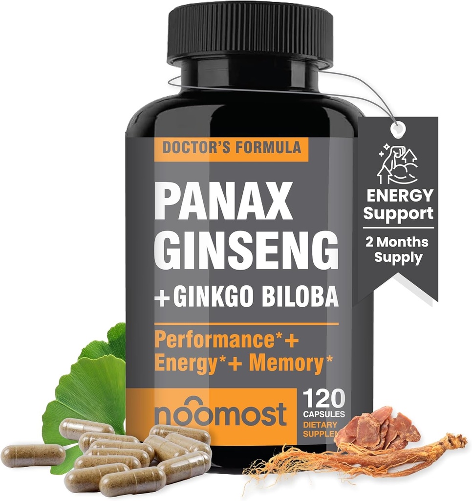 Noo Most Authentic Korean Red Panax Ginseng + Ginkgo Biloba, 120 Vegan Capsules, BTC Köklü Toz 1000 mg (10% Ginsenosides) + Gingko Biloba 60 mg, Enerji ve Odakları Erkekler ve Kadınlar için