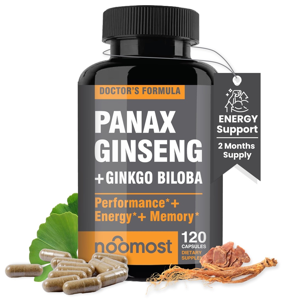 Noo Most Authentic Korean Red Panax Ginseng + Ginkgo Biloba, 120 Vegan Capsules, BTC Köklü Toz 1000 mg (10% Ginsenosides) + Gingko Biloba 60 mg, Enerji ve Odakları Erkekler ve Kadınlar için