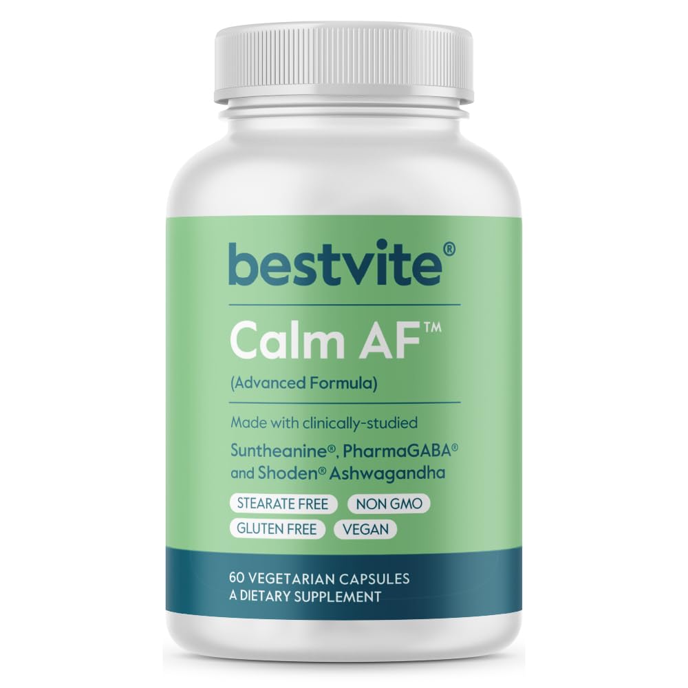 Calm AF (Advanced Formula) (60 Veggie Caps) - Clinically Studied Shoden Ashwagandha, Suntheanine L Theanine, PharmaGABA - No Stearates - Vegan - Non GMO - Gluten Free - Ashwagandha & GABA Supplements