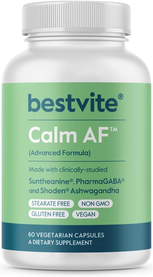 Calm AF (Advanced Formula) (60 Veggie Caps) - Klinik olarak Studied Shoden Ashwagandha, Suntheanine L Theanine, PharmaGABA - No Stearates - Vegan - Non GMO - Gluten Free - Ashwagandha & GABA Supplements