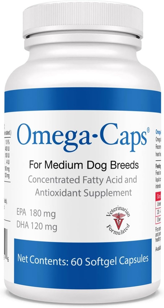 Omega-Caps For Medium Dog Breeds - Omega 3, Vitaminler, Mineraller, Antioksiler - Destek Immune Sistemi, Ortaklar, Kalp ve Beyin - 60 Softgel Capsules
