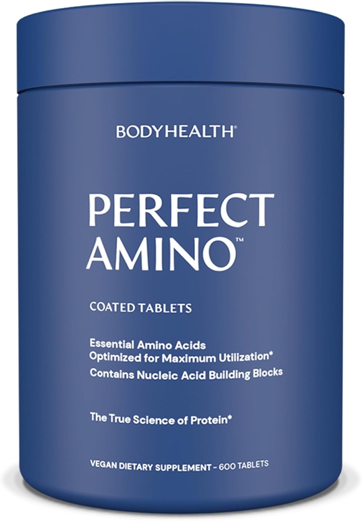 BodyHealth PerfectAmino (600 ct) Swallow Tabletlerine Kolay, Essential Amino Asits Supplement with BCAAs, Vegan Protein for Pre/Post Workout & Muscle Recovery with Lysine, Tryptophan, Leucine, Methionine