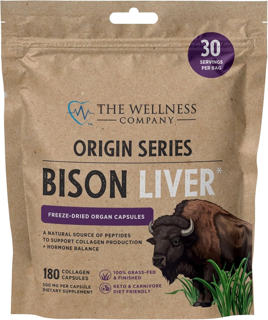 Wellness Company Bison Liver | 180 Collagen Capsules (1 Ay Supply) | 100% Grass-Fed Freeze-Dried Organ | Non-GMO, Gluten-Free | Boosts Metabolism & Supports Collagen Production