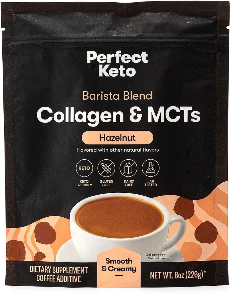 Perfect Keto Barista Blend Κρέμα καφέ σε σκόνη με λάδι MCT, χωρίς γαλακτοκομικά, χαμηλή ζάχαρη, χόρτο Fed Healthy Creamer για Κετογόνο Διατροφή, ενέργεια και υγιή δέρμα, τα μαλλιά και τα νύχια υποστήριξη, φουντουκιά
