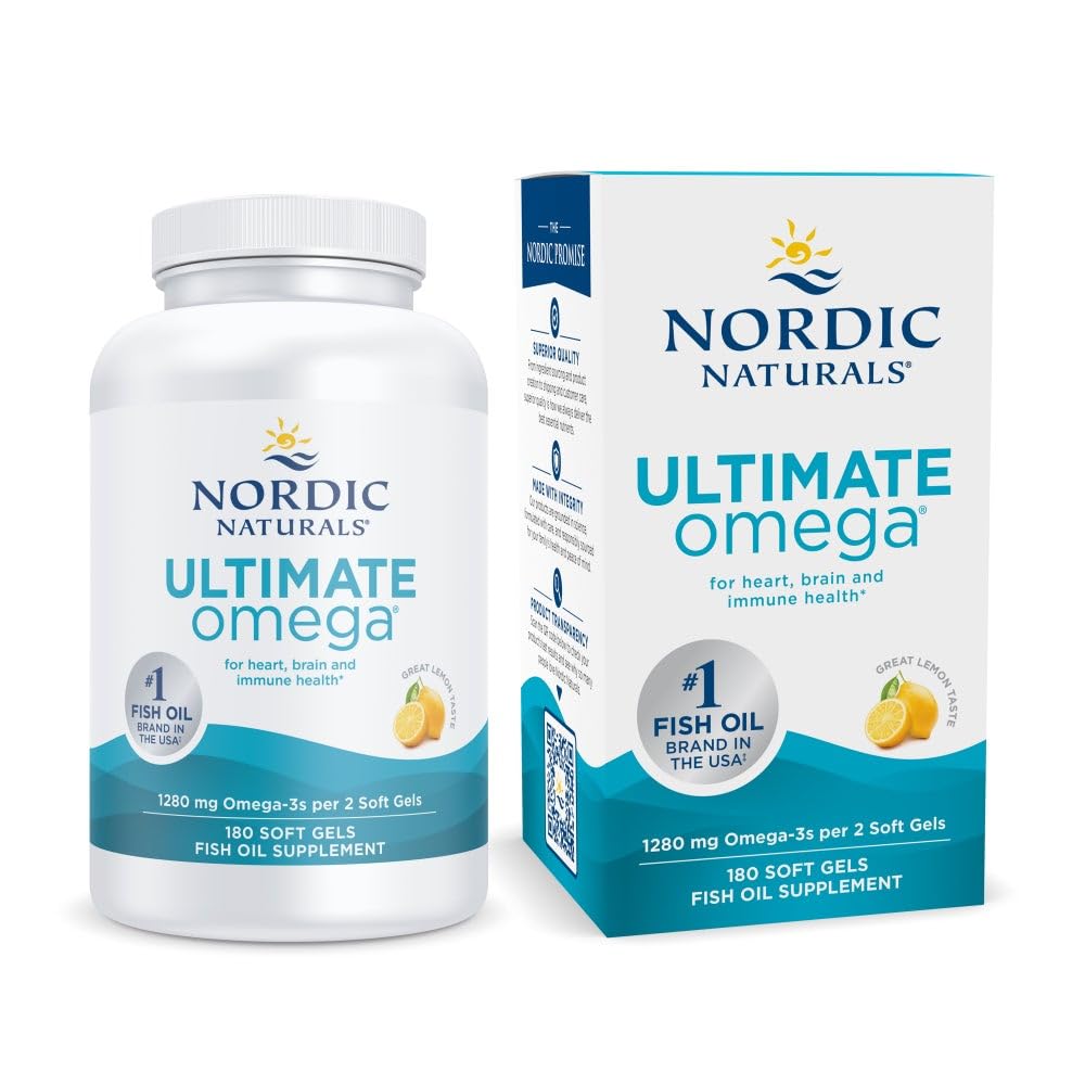 Nordic Naturals Ultimate Omega, Lemon Flavor - 180 μαλακά γέλη - 1280 mg Omega-3 - Ψάρια υψηλής ισχύος με EPA & DHA - Προάγει την υγεία του εγκεφάλου και της καρδιάς - Μη-GMO - 90 Υπηρεσίες