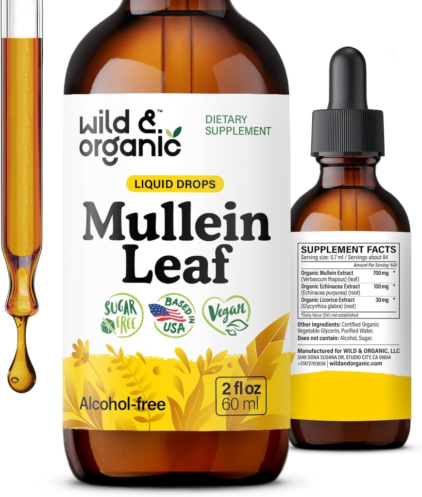 Wild & Organic Mullein Drops for Lungs - Lung Detox and Cleanse - Sıvı Mullein Leaf Tincture with Echinacea & Licorice Root - Vegan, Sugar & Alkol Ücretsiz Ekstra - 2 fl ozz